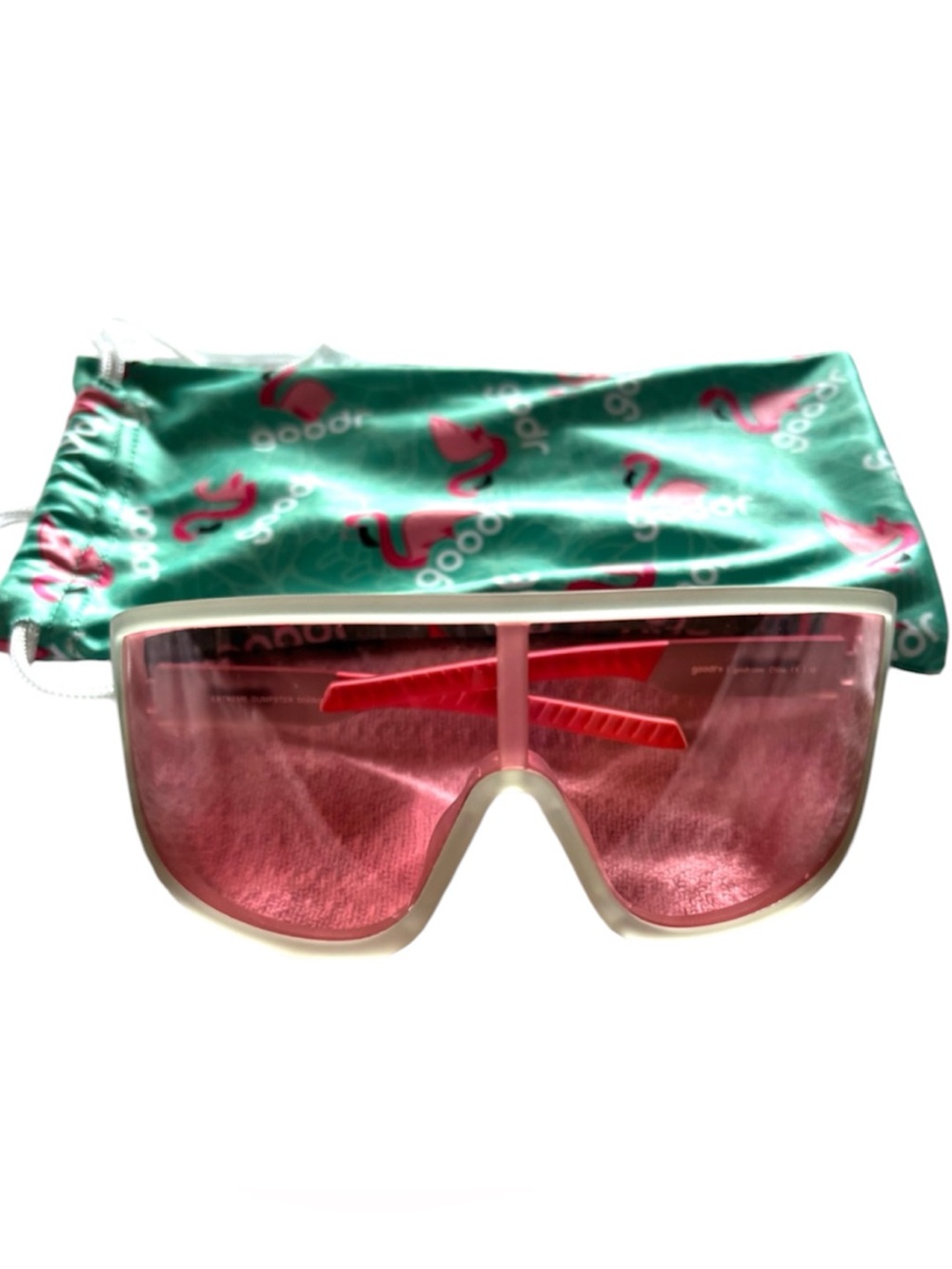 NWOT goodr Pink Polarized Sport Sunglasses and Flamingo Pouch Adult Size